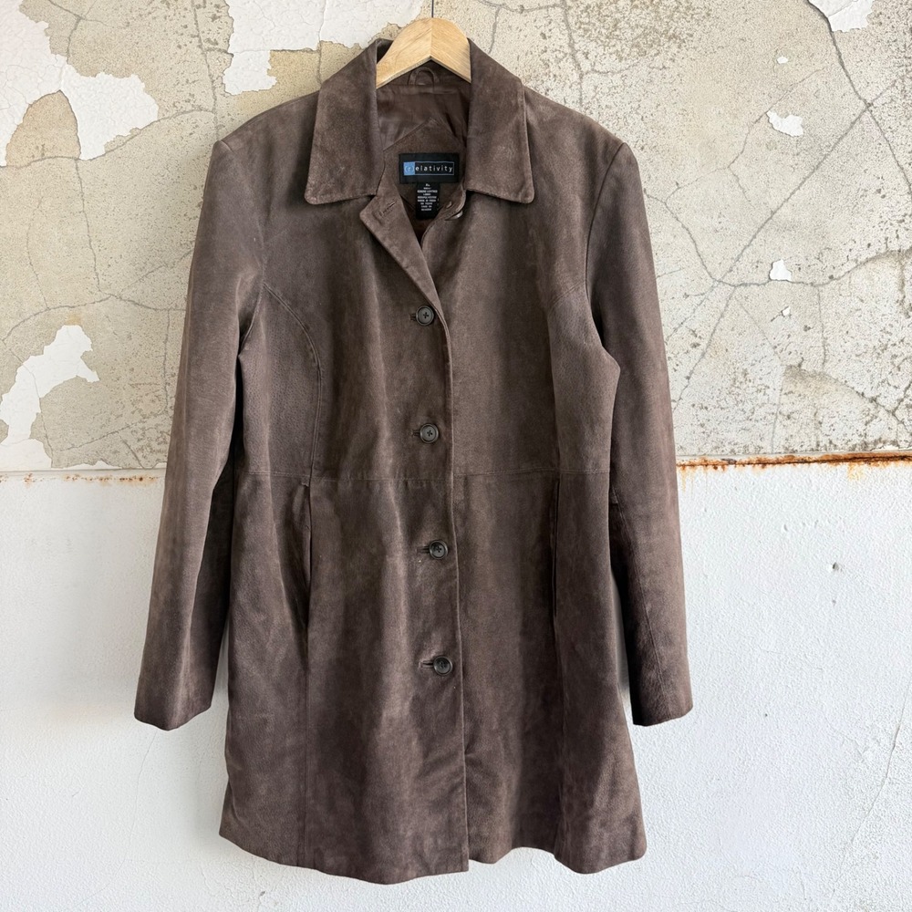 Vtg Suede Trench Coat‎ Longline Leather Jacket Brown Y2K Relativity Womens XL